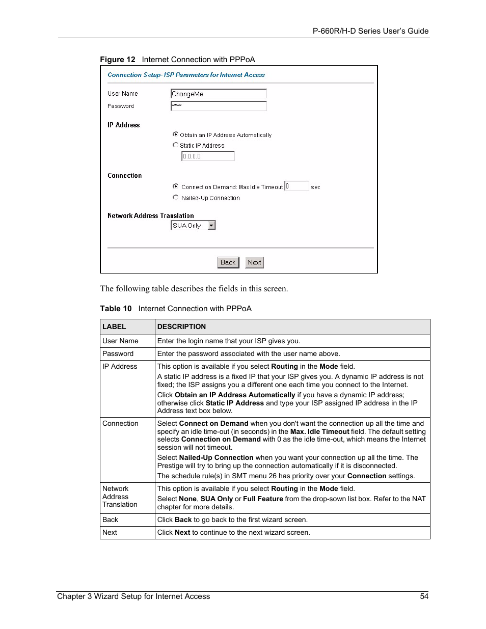 Figure 12 internet connection with pppoa, Table 10 internet connection with pppoa | ZyXEL Communications P-660H-D Series User Manual | Page 55 / 421