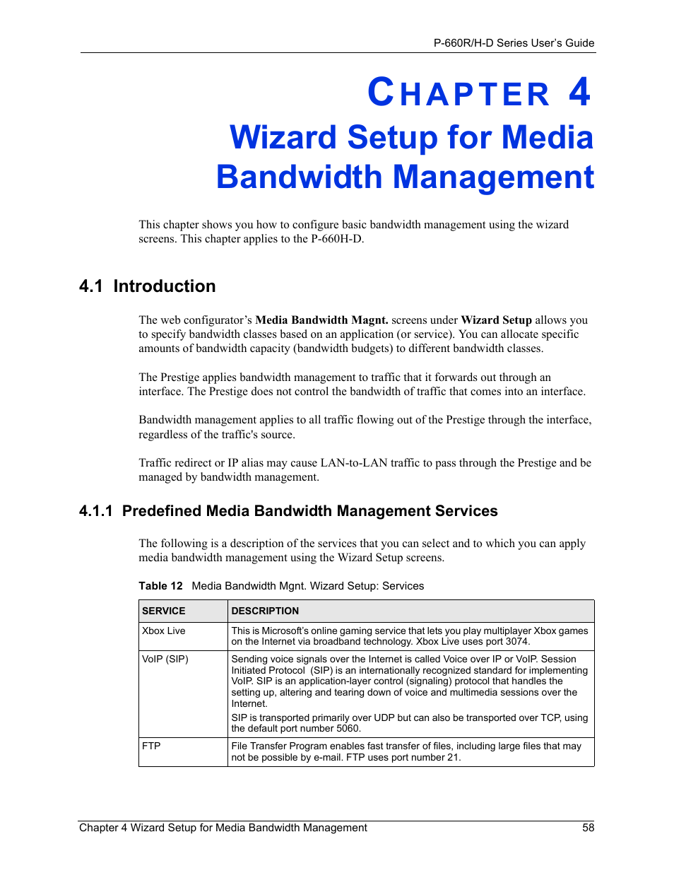 Wizard setup for media bandwidth management, 1 introduction, 1 predefined media bandwidth management services | ZyXEL Communications P-660H-D Series User Manual | Page 59 / 421