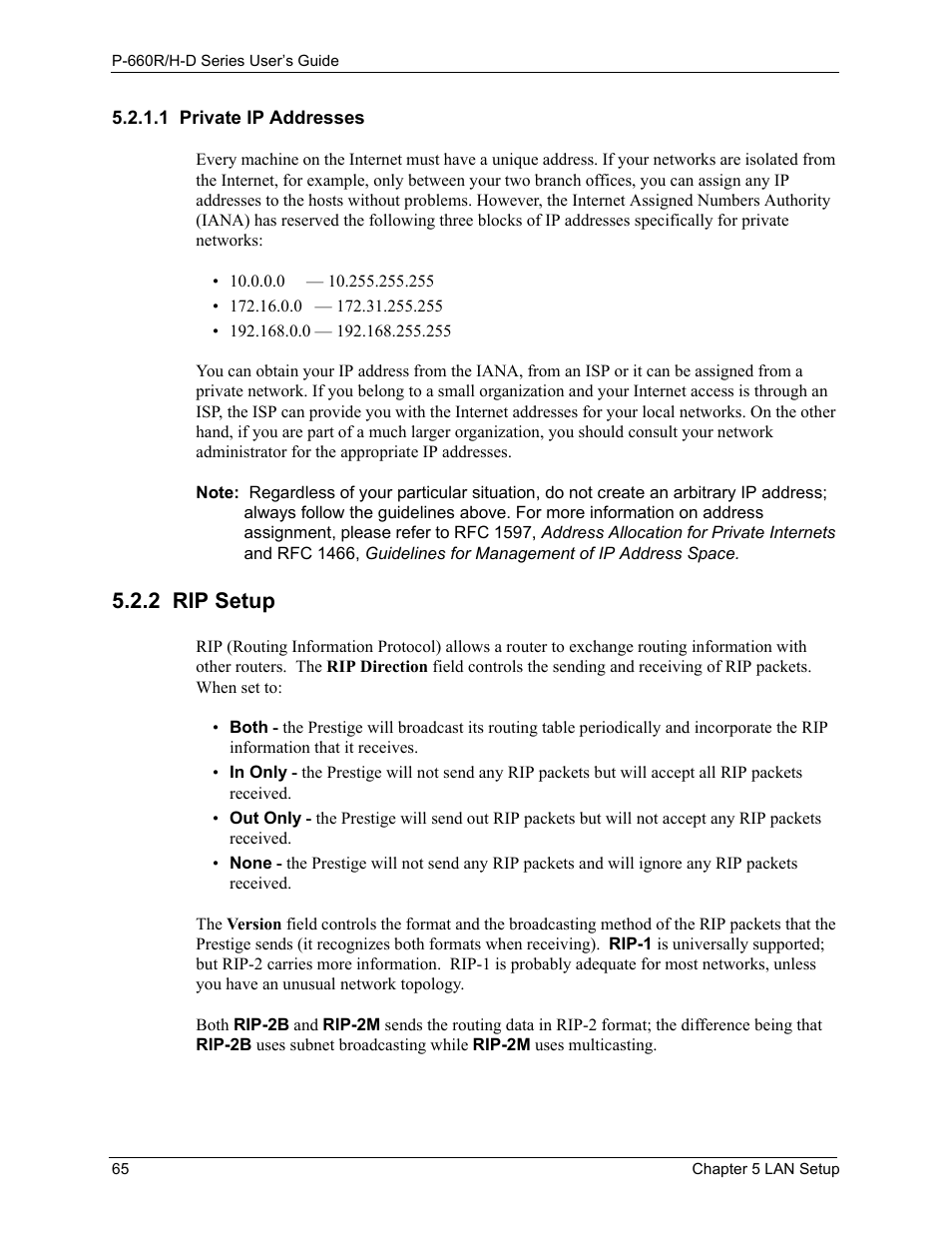 1 private ip addresses, 2 rip setup | ZyXEL Communications P-660H-D Series User Manual | Page 66 / 421
