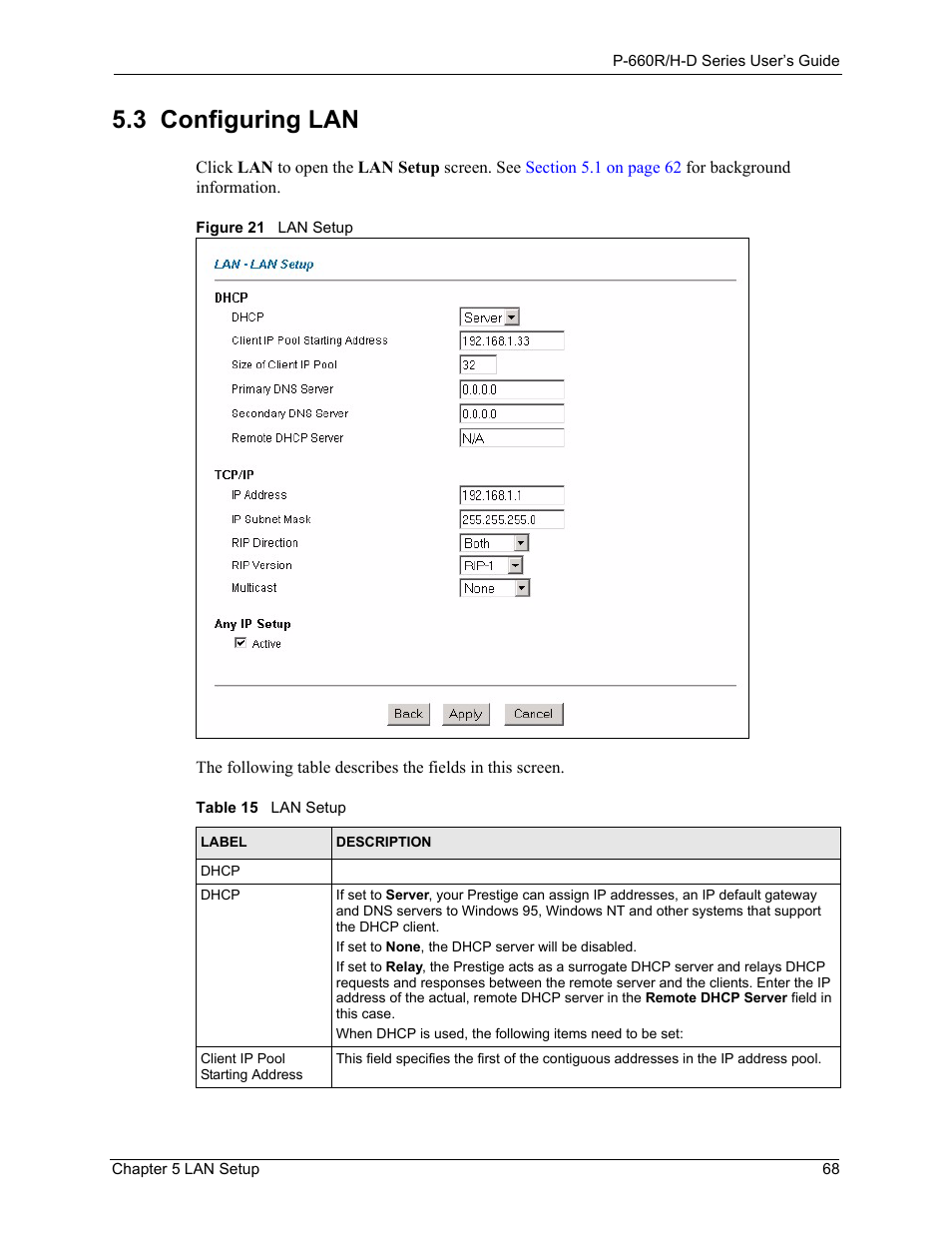 3 configuring lan, Figure 21 lan setup, Table 15 lan setup | ZyXEL Communications P-660H-D Series User Manual | Page 69 / 421