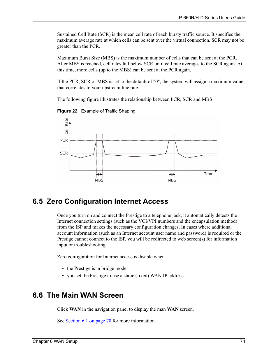 5 zero configuration internet access, Figure 22 example of traffic shaping, 6 the main wan screen | ZyXEL Communications P-660H-D Series User Manual | Page 75 / 421