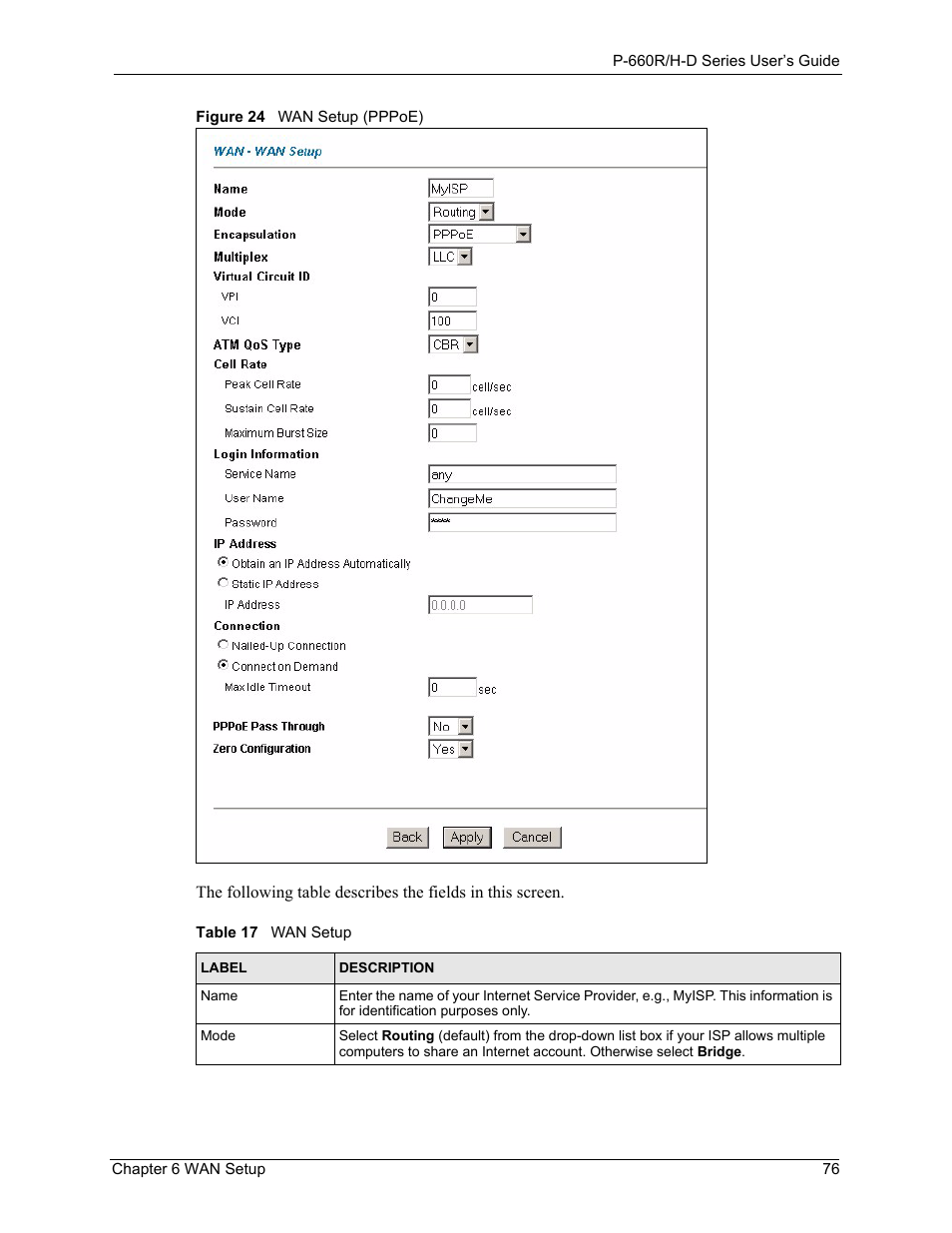 Figure 24 wan setup (pppoe), Table 17 wan setup | ZyXEL Communications P-660H-D Series User Manual | Page 77 / 421