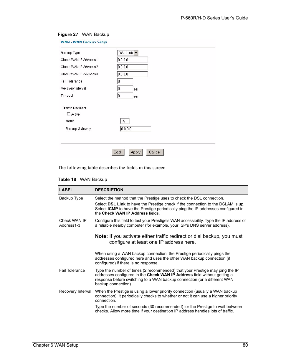 Figure 27 wan backup, Table 18 wan backup | ZyXEL Communications P-660H-D Series User Manual | Page 81 / 421