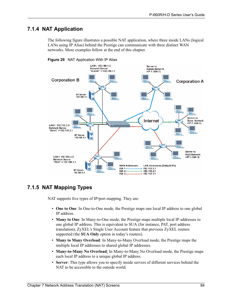 4 nat application, 5 nat mapping types, 4 nat application 7.1.5 nat mapping types | Figure 29 nat application with ip alias | ZyXEL Communications P-660H-D Series User Manual | Page 85 / 421