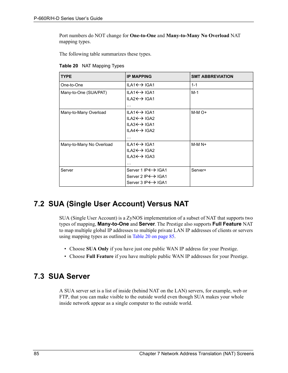 2 sua (single user account) versus nat, 3 sua server, Table 20 nat mapping types | ZyXEL Communications P-660H-D Series User Manual | Page 86 / 421