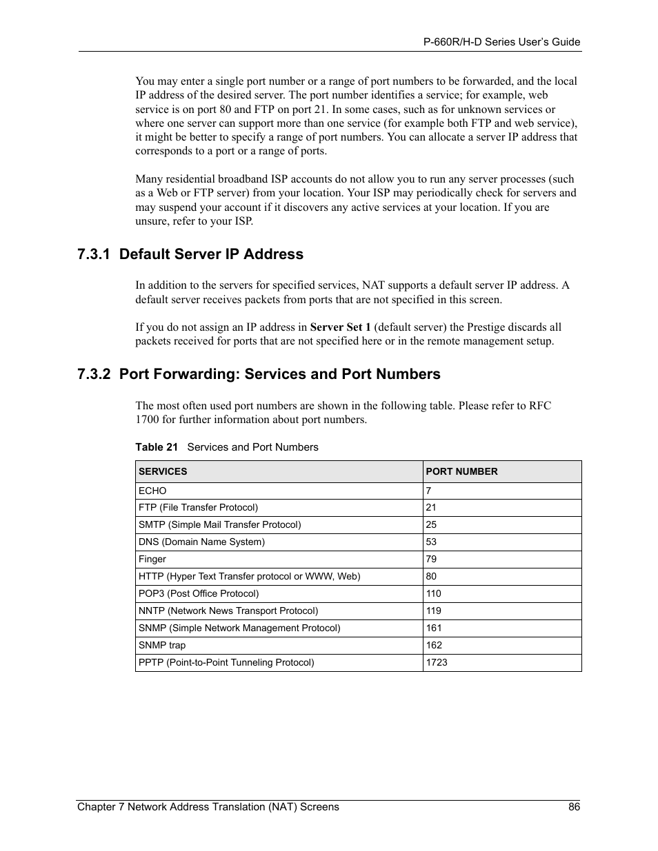1 default server ip address, 2 port forwarding: services and port numbers, Table 21 services and port numbers | ZyXEL Communications P-660H-D Series User Manual | Page 87 / 421