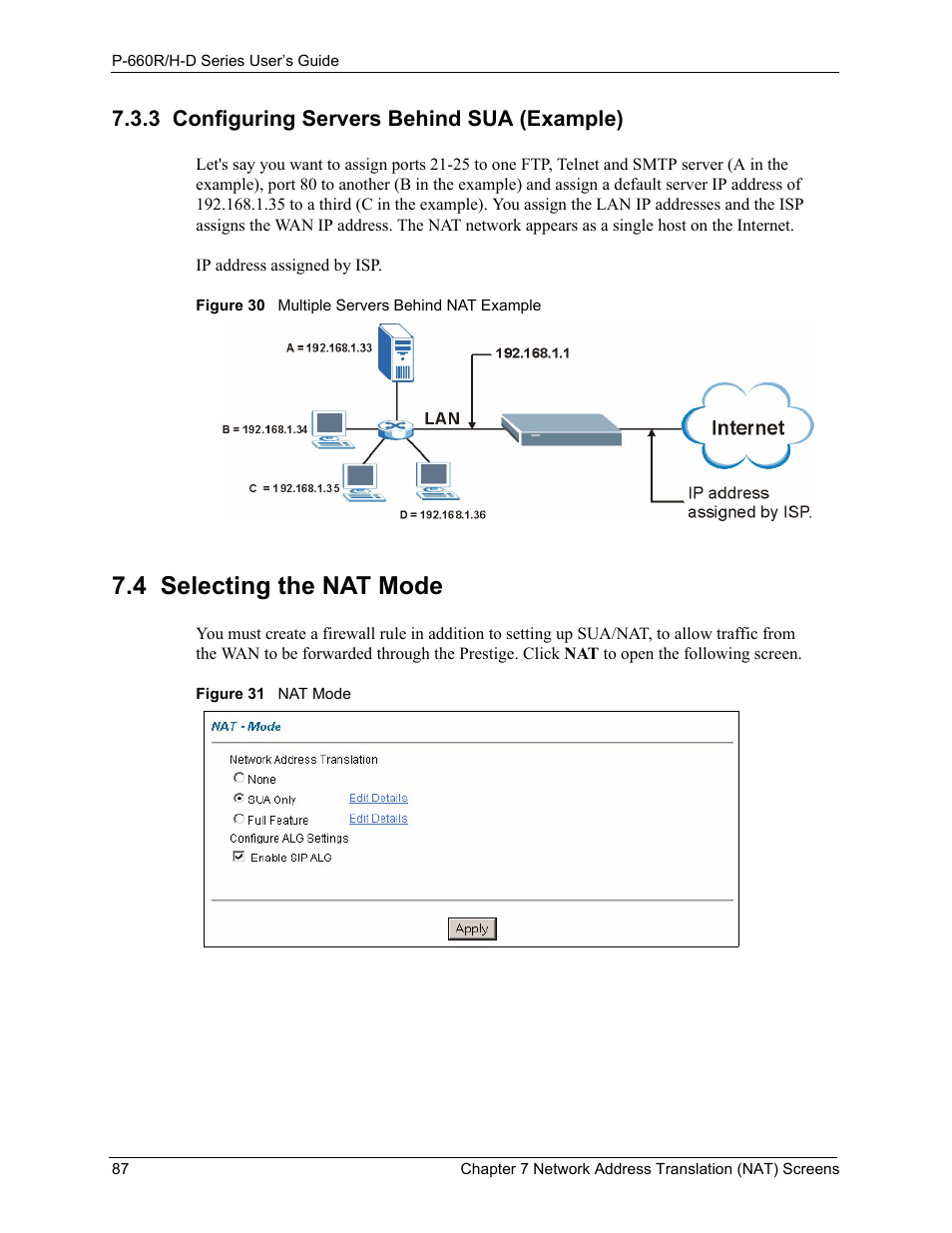 3 configuring servers behind sua (example), 4 selecting the nat mode | ZyXEL Communications P-660H-D Series User Manual | Page 88 / 421