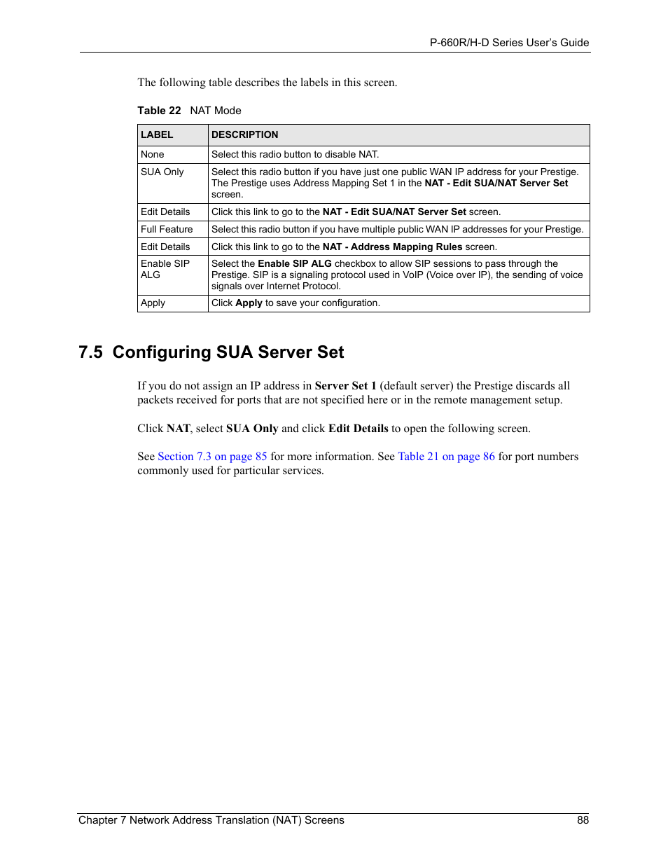 5 configuring sua server set, Table 22 nat mode | ZyXEL Communications P-660H-D Series User Manual | Page 89 / 421