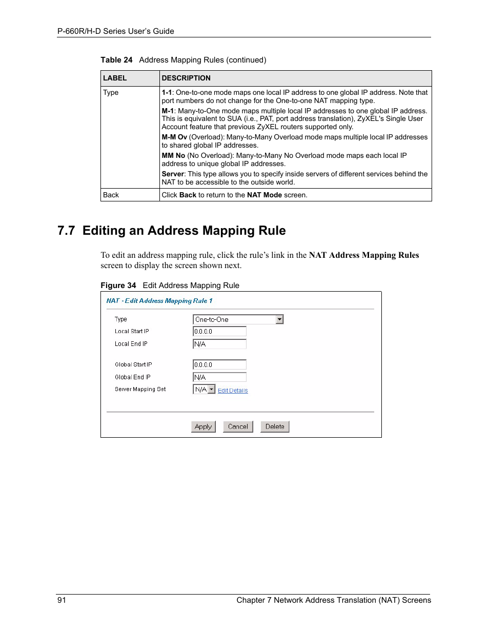 7 editing an address mapping rule, Figure 34 edit address mapping rule | ZyXEL Communications P-660H-D Series User Manual | Page 92 / 421