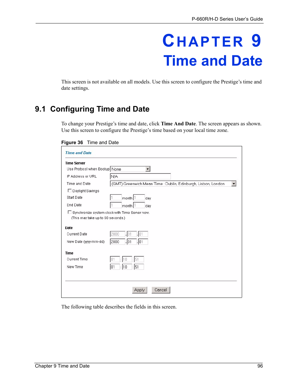 Time and date, Chapter 9 time and date, 1 configuring time and date | Figure 36 time and date | ZyXEL Communications P-660H-D Series User Manual | Page 97 / 421