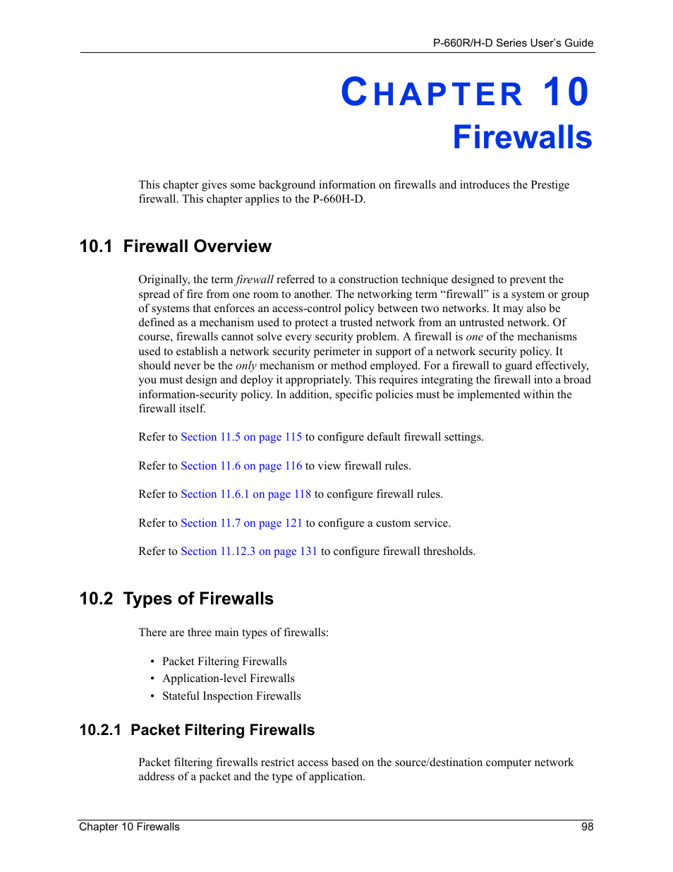 Firewalls, 2 types of firewalls, 1 packet filtering firewalls | Chapter 10 firewalls, 1 firewall overview 10.2 types of firewalls | ZyXEL Communications P-660H-D Series User Manual | Page 99 / 421