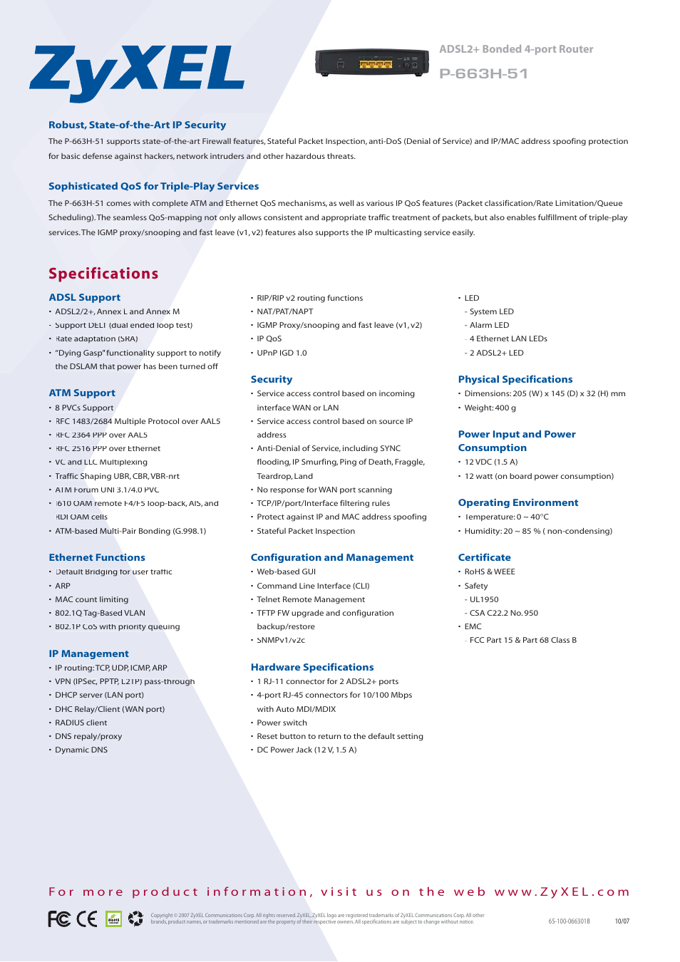 Specifications, Adsl2+ bonded 4-port router | ZyXEL Communications P-663H-51 User Manual | Page 2 / 2