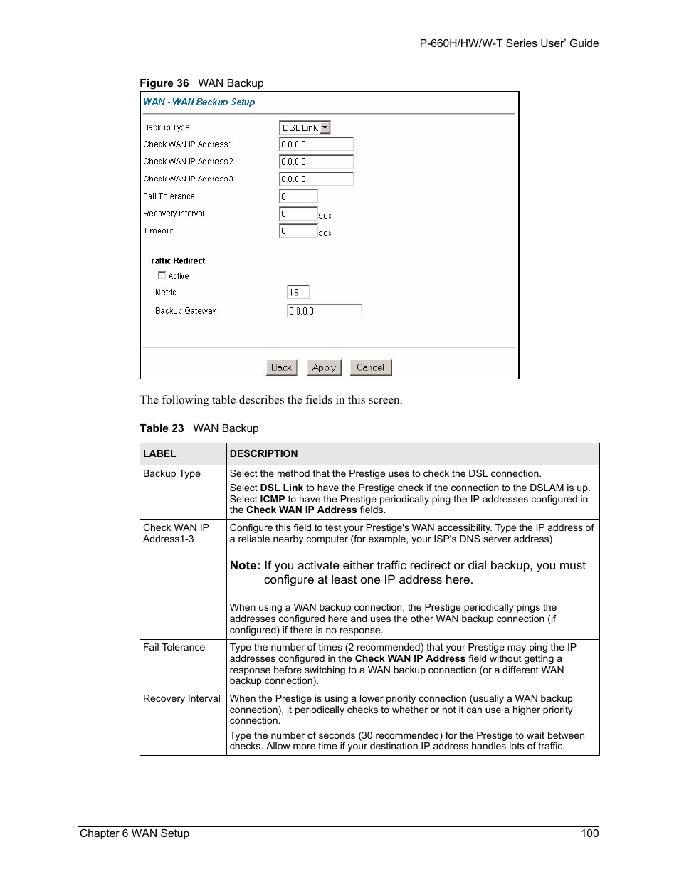 Figure 36 wan backup, Table 23 wan backup | ZyXEL Communications ADSL 2+ Gateway P-660HW-T1 User Manual | Page 100 / 465