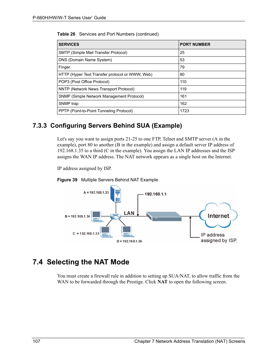 3 configuring servers behind sua (example), 4 selecting the nat mode, Figure 39 multiple servers behind nat example | ZyXEL Communications ADSL 2+ Gateway P-660HW-T1 User Manual | Page 107 / 465