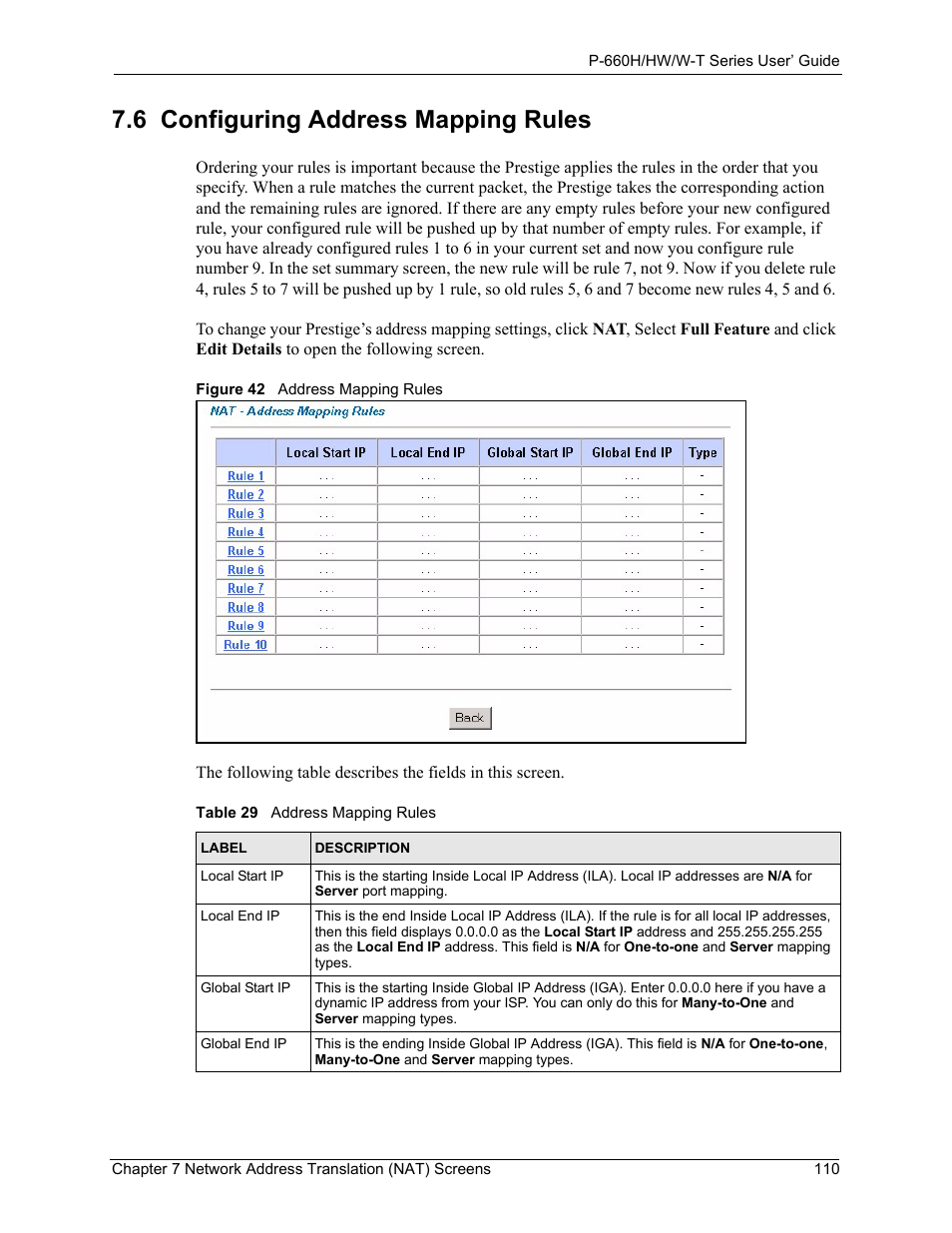 6 configuring address mapping rules, Figure 42 address mapping rules, Table 29 address mapping rules | ZyXEL Communications ADSL 2+ Gateway P-660HW-T1 User Manual | Page 110 / 465