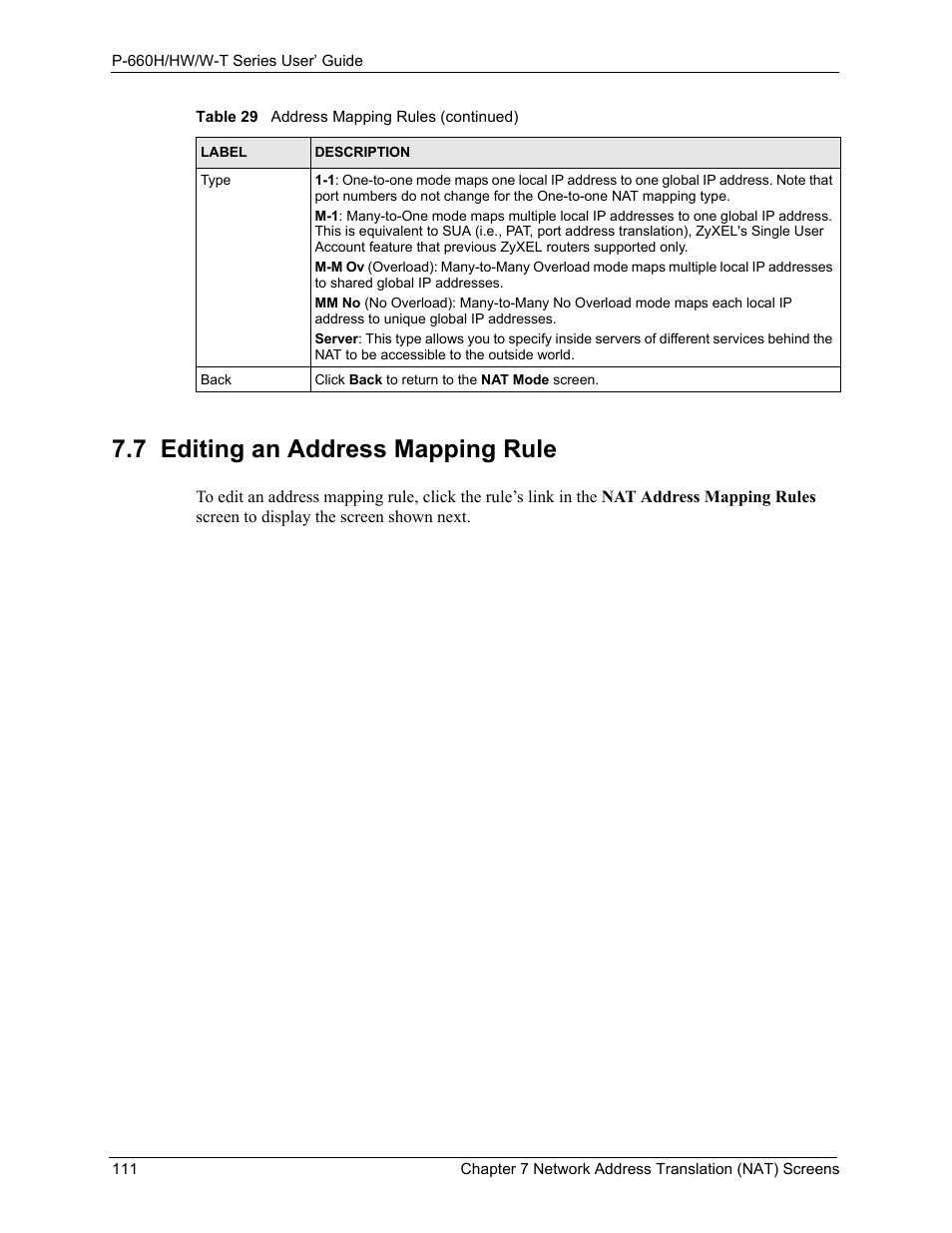 7 editing an address mapping rule | ZyXEL Communications ADSL 2+ Gateway P-660HW-T1 User Manual | Page 111 / 465