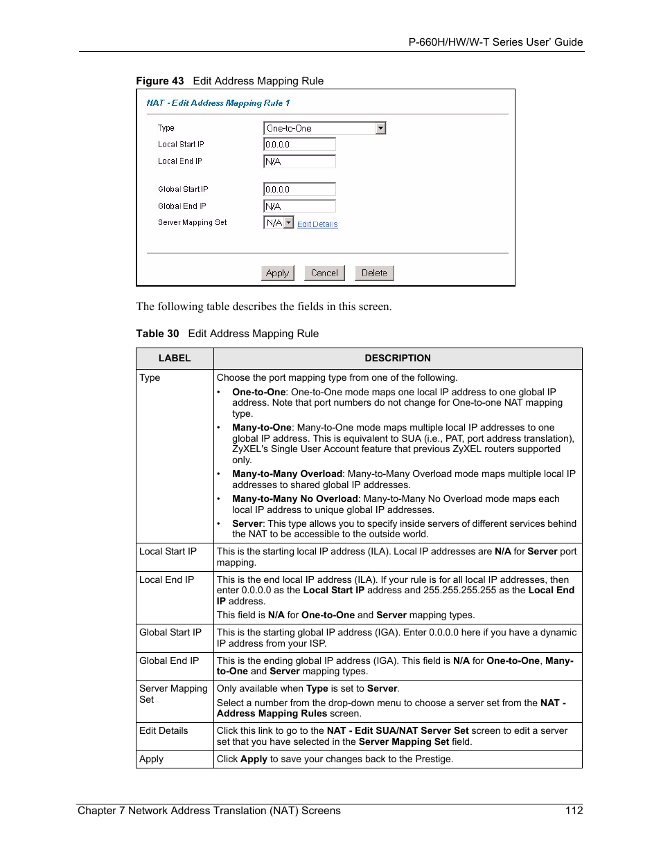 Figure 43 edit address mapping rule, Table 30 edit address mapping rule | ZyXEL Communications ADSL 2+ Gateway P-660HW-T1 User Manual | Page 112 / 465