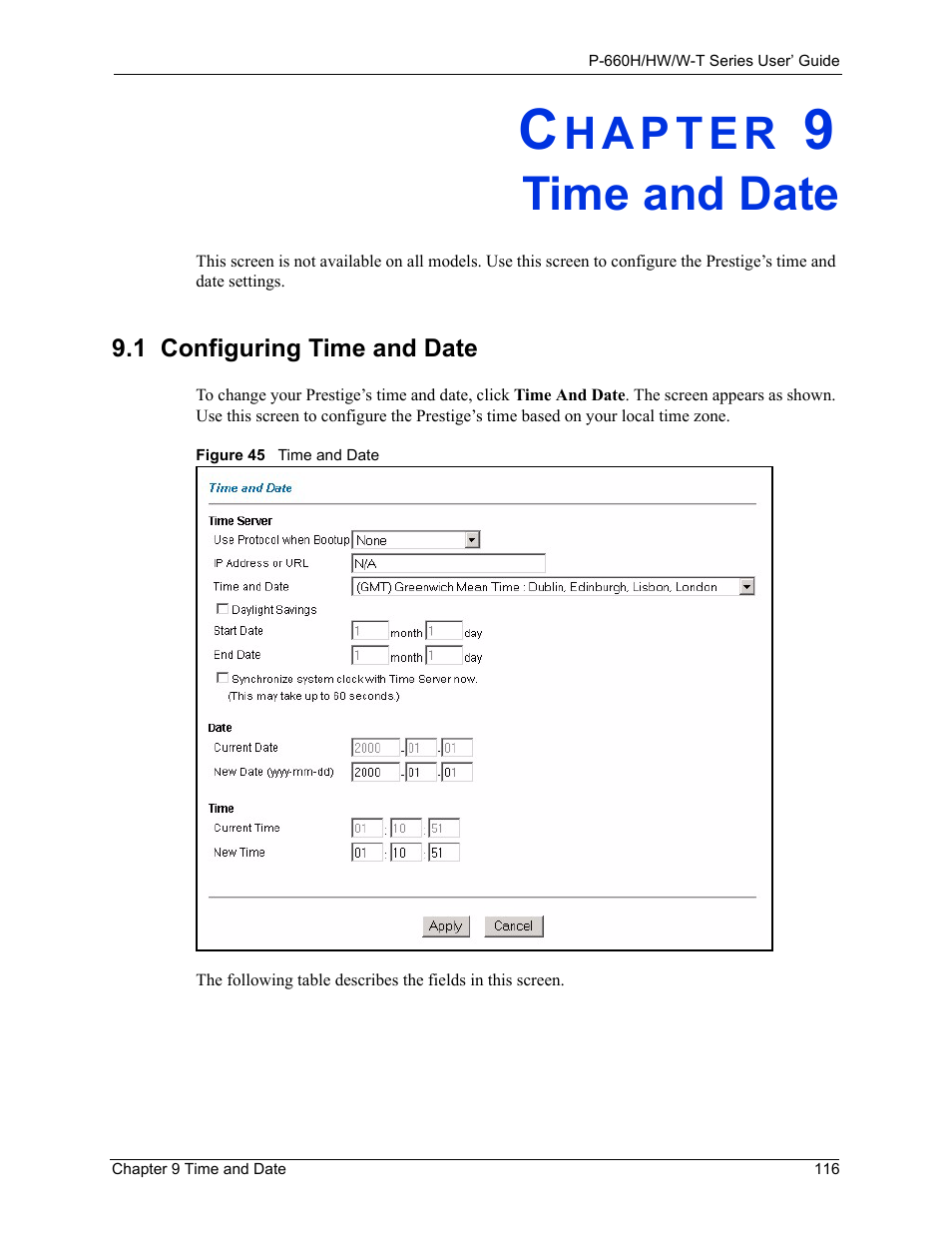 Time and date, Chapter 9 time and date, 1 configuring time and date | Figure 45 time and date | ZyXEL Communications ADSL 2+ Gateway P-660HW-T1 User Manual | Page 116 / 465
