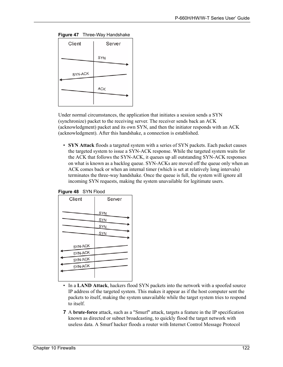 Figure 47 three-way handshake figure 48 syn flood | ZyXEL Communications ADSL 2+ Gateway P-660HW-T1 User Manual | Page 122 / 465