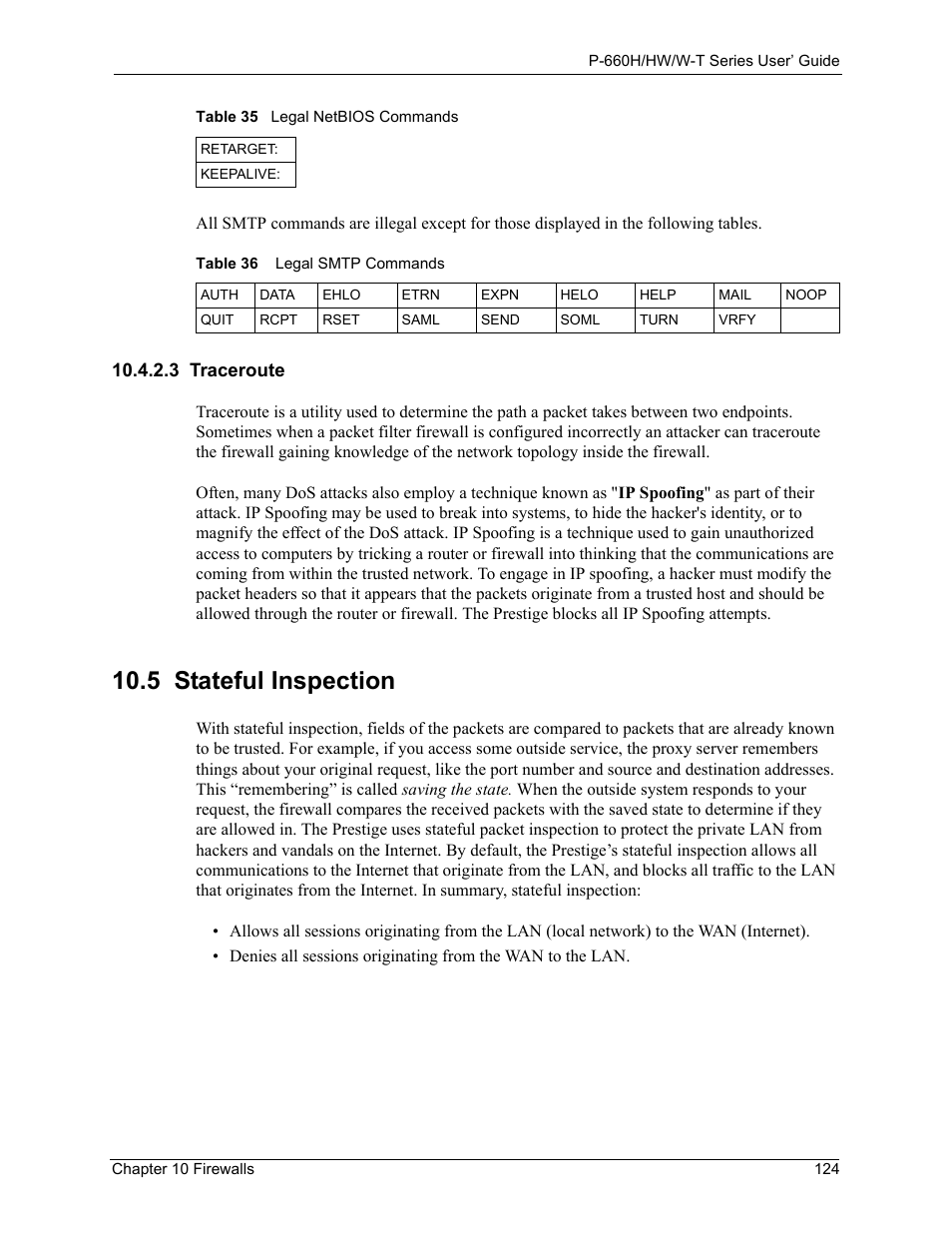 3 traceroute, 5 stateful inspection, Table 36 legal smtp commands | ZyXEL Communications ADSL 2+ Gateway P-660HW-T1 User Manual | Page 124 / 465