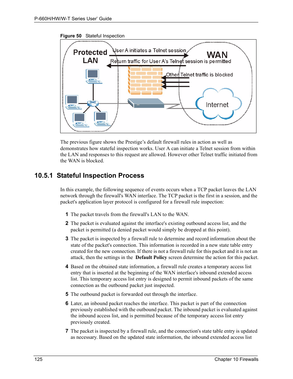 1 stateful inspection process, Figure 50 stateful inspection | ZyXEL Communications ADSL 2+ Gateway P-660HW-T1 User Manual | Page 125 / 465