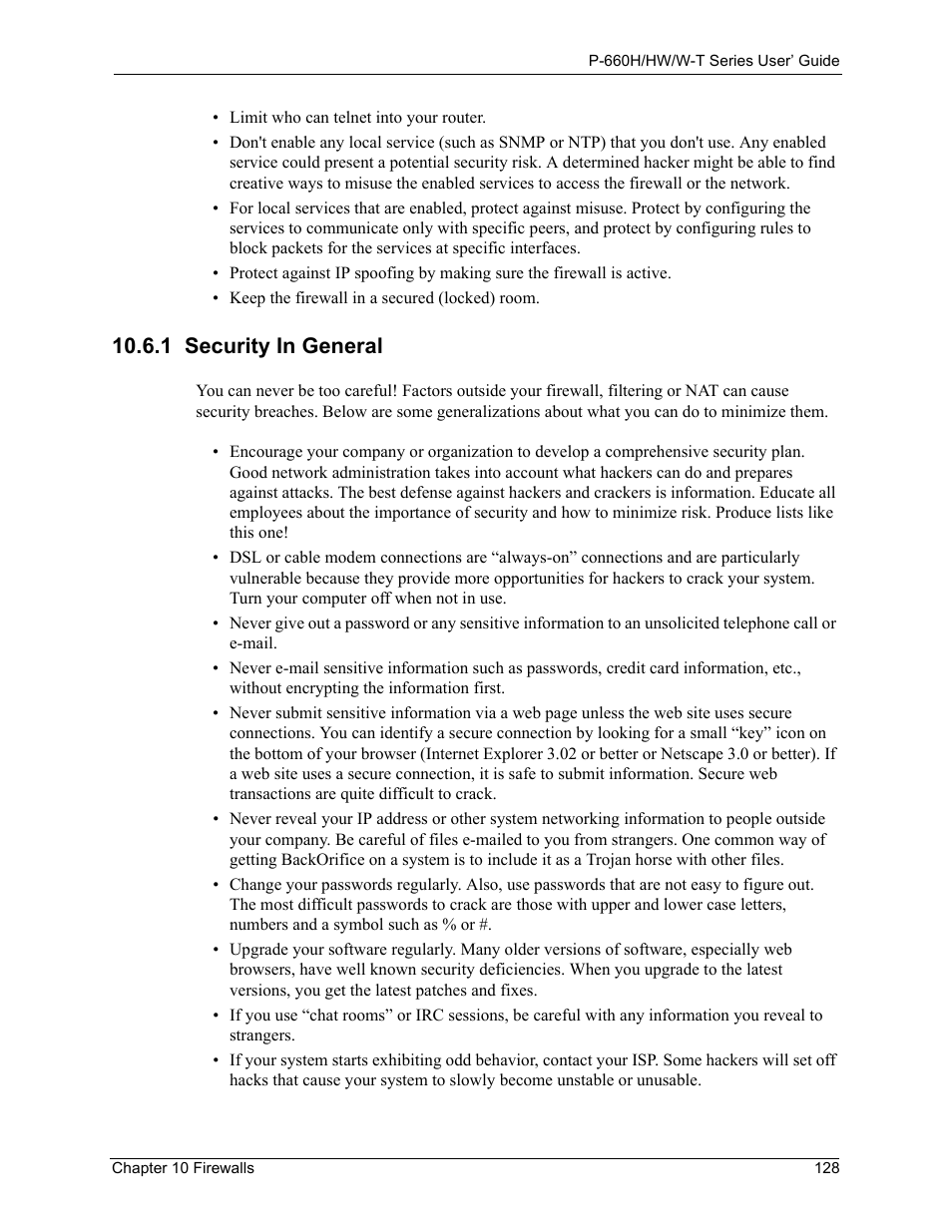 1 security in general | ZyXEL Communications ADSL 2+ Gateway P-660HW-T1 User Manual | Page 128 / 465