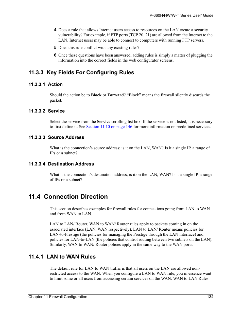 3 key fields for configuring rules, 1 action, 2 service | 3 source address, 4 destination address, 4 connection direction, 1 lan to wan rules | ZyXEL Communications ADSL 2+ Gateway P-660HW-T1 User Manual | Page 134 / 465