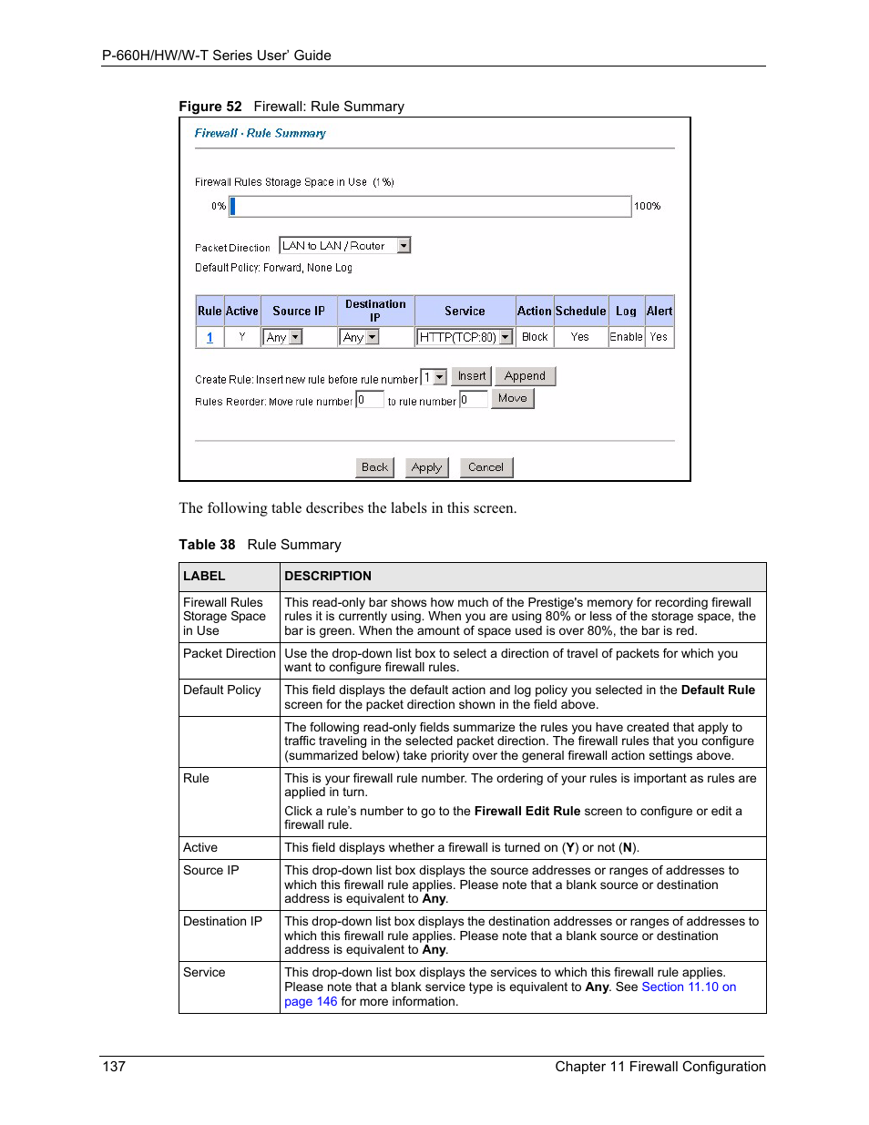 Figure 52 firewall: rule summary, Table 38 rule summary | ZyXEL Communications ADSL 2+ Gateway P-660HW-T1 User Manual | Page 137 / 465