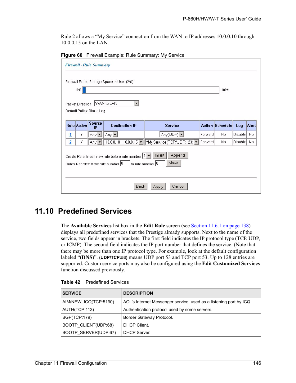 10 predefined services, Table 42 predefined services, Section 11.10 on | ZyXEL Communications ADSL 2+ Gateway P-660HW-T1 User Manual | Page 146 / 465