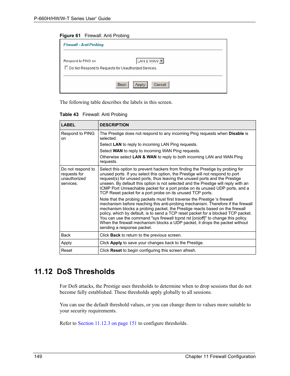 12 dos thresholds, Figure 61 firewall: anti probing, Table 43 firewall: anti probing | ZyXEL Communications ADSL 2+ Gateway P-660HW-T1 User Manual | Page 149 / 465