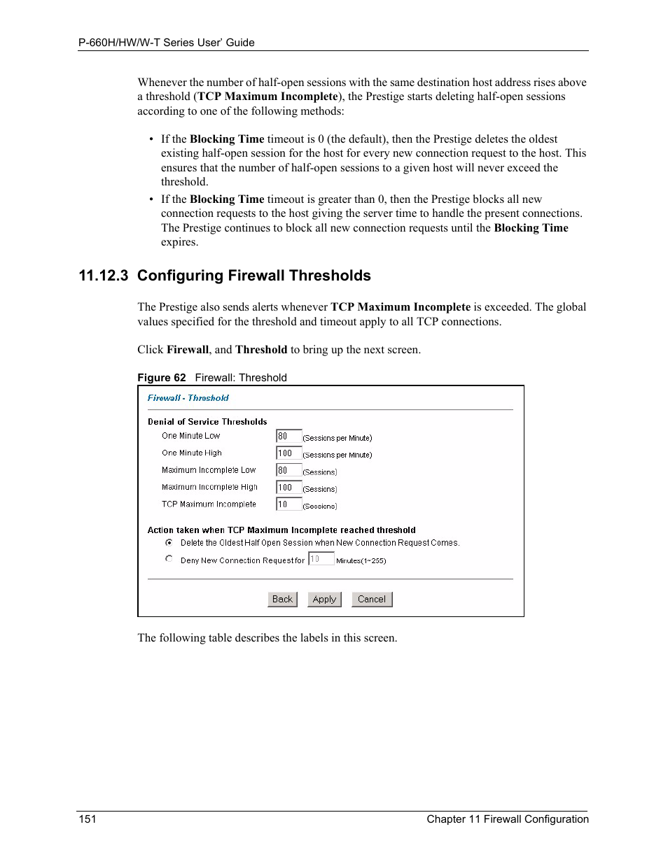 3 configuring firewall thresholds, Figure 62 firewall: threshold, Refer to | ZyXEL Communications ADSL 2+ Gateway P-660HW-T1 User Manual | Page 151 / 465