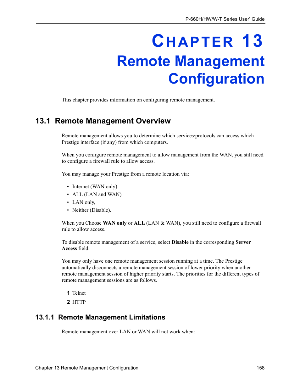 Remote management configuration, 1 remote management limitations, Chapter 13 remote management configuration | 1 remote management overview | ZyXEL Communications ADSL 2+ Gateway P-660HW-T1 User Manual | Page 158 / 465