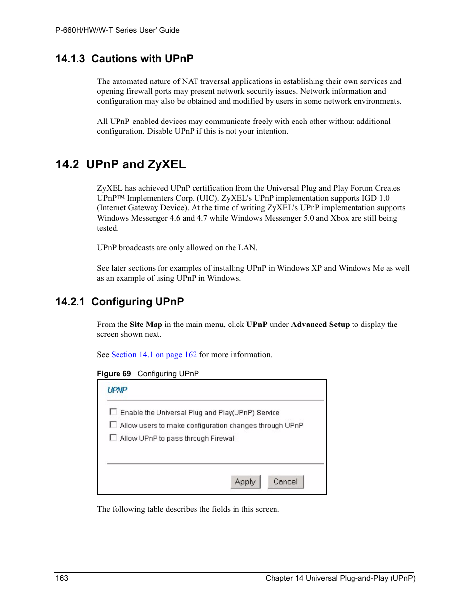 3 cautions with upnp, 2 upnp and zyxel, 1 configuring upnp | Figure 69 configuring upnp | ZyXEL Communications ADSL 2+ Gateway P-660HW-T1 User Manual | Page 163 / 465
