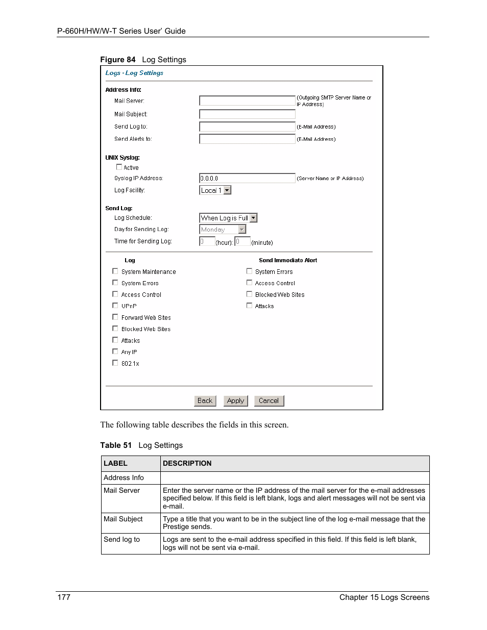 Figure 84 log settings, Table 51 log settings | ZyXEL Communications ADSL 2+ Gateway P-660HW-T1 User Manual | Page 177 / 465