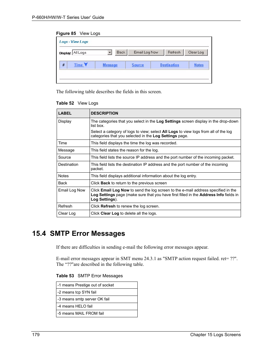 4 smtp error messages, Figure 85 view logs, Table 52 view logs table 53 smtp error messages | ZyXEL Communications ADSL 2+ Gateway P-660HW-T1 User Manual | Page 179 / 465