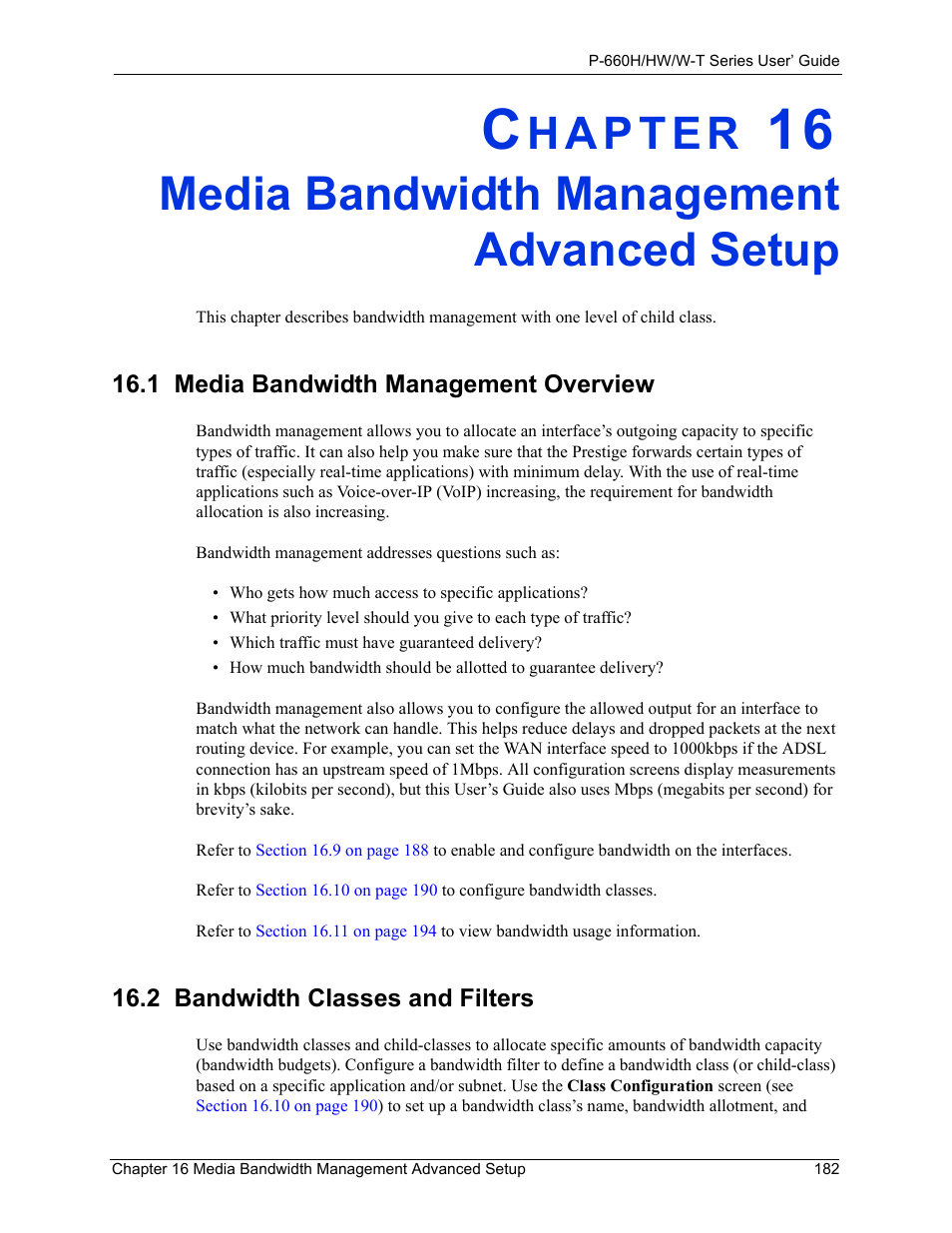 Media bandwidth management advanced setup, 2 bandwidth classes and filters | ZyXEL Communications ADSL 2+ Gateway P-660HW-T1 User Manual | Page 182 / 465