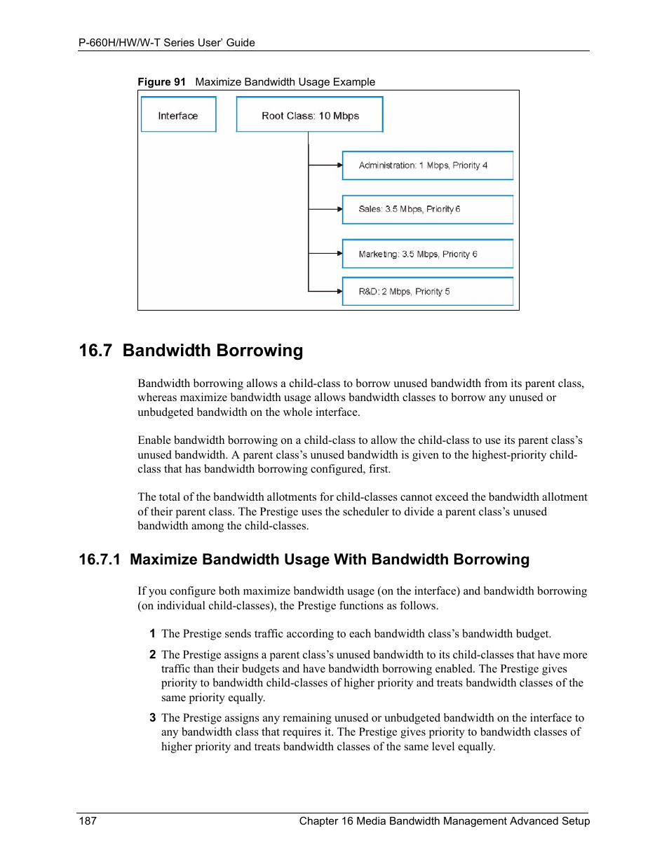 7 bandwidth borrowing, Figure 91 maximize bandwidth usage example, Parent (see | ZyXEL Communications ADSL 2+ Gateway P-660HW-T1 User Manual | Page 187 / 465
