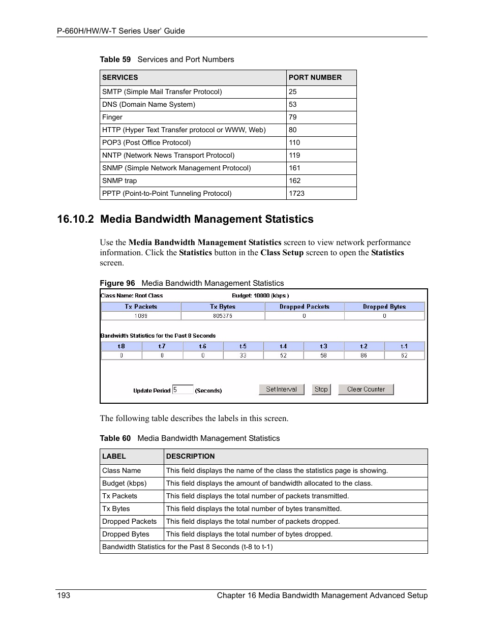 2 media bandwidth management statistics, Figure 96 media bandwidth management statistics, Table 60 media bandwidth management statistics | ZyXEL Communications ADSL 2+ Gateway P-660HW-T1 User Manual | Page 193 / 465