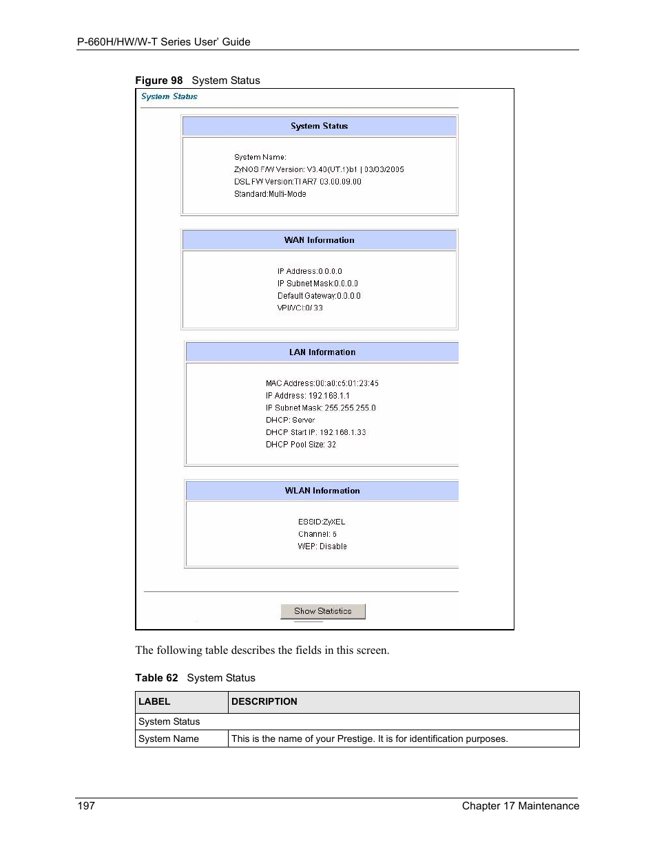 Figure 98 system status, Table 62 system status | ZyXEL Communications ADSL 2+ Gateway P-660HW-T1 User Manual | Page 197 / 465