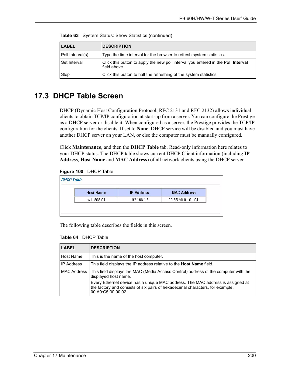 3 dhcp table screen, Figure 100 dhcp table, Table 64 dhcp table | ZyXEL Communications ADSL 2+ Gateway P-660HW-T1 User Manual | Page 200 / 465