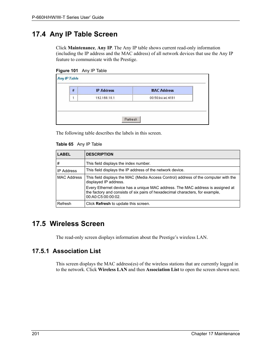 4 any ip table screen 17.5 wireless screen, 1 association list, Figure 101 any ip table | Table 65 any ip table, 4 any ip table screen, 5 wireless screen | ZyXEL Communications ADSL 2+ Gateway P-660HW-T1 User Manual | Page 201 / 465