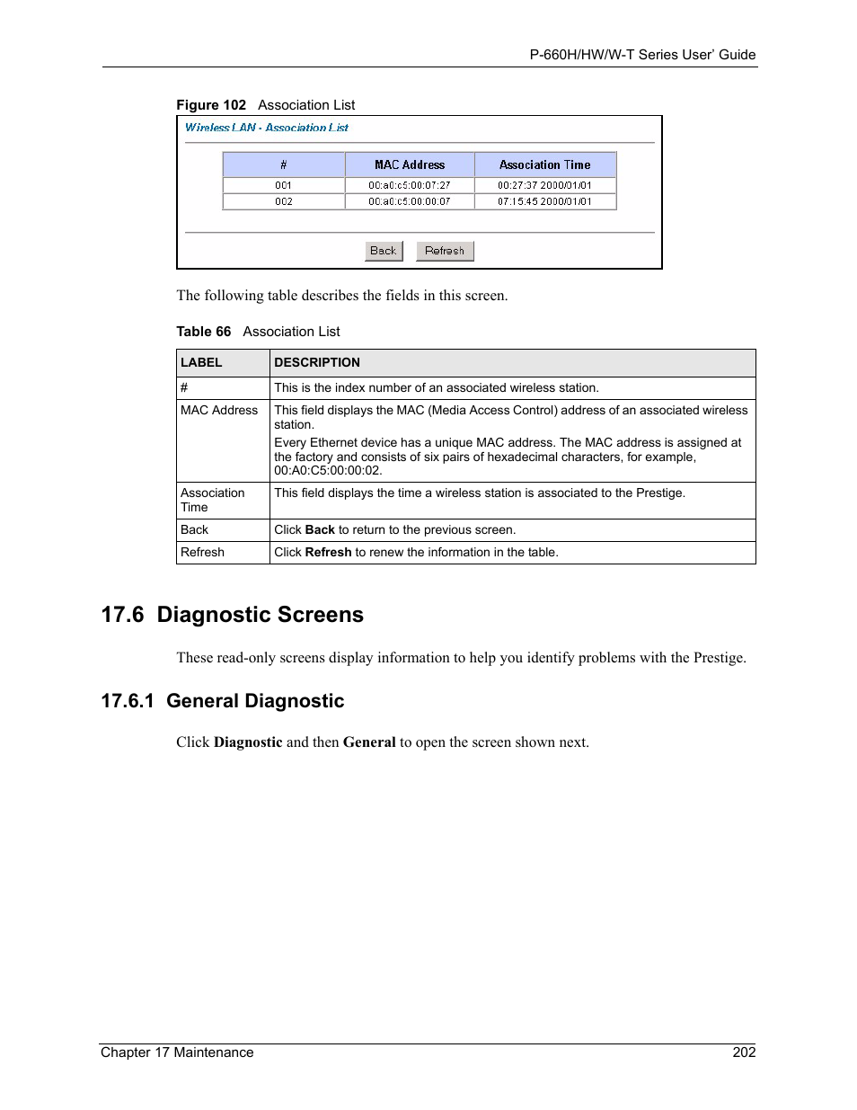 6 diagnostic screens, 1 general diagnostic, Figure 102 association list | Table 66 association list | ZyXEL Communications ADSL 2+ Gateway P-660HW-T1 User Manual | Page 202 / 465