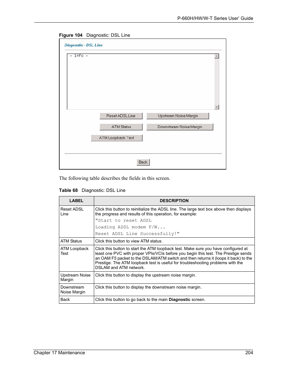 Figure 104 diagnostic: dsl line, Table 68 diagnostic: dsl line | ZyXEL Communications ADSL 2+ Gateway P-660HW-T1 User Manual | Page 204 / 465