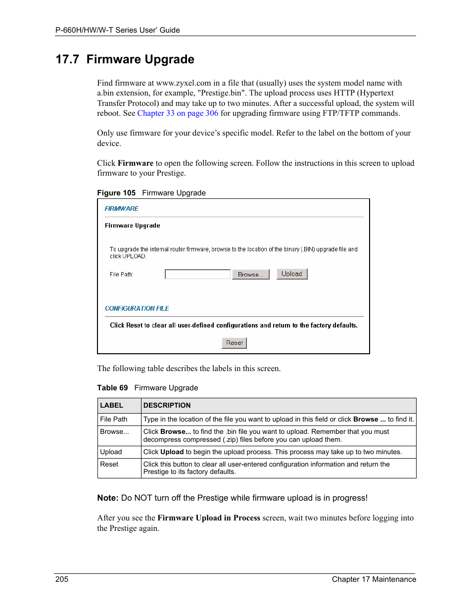 7 firmware upgrade, Figure 105 firmware upgrade, Table 69 firmware upgrade | ZyXEL Communications ADSL 2+ Gateway P-660HW-T1 User Manual | Page 205 / 465