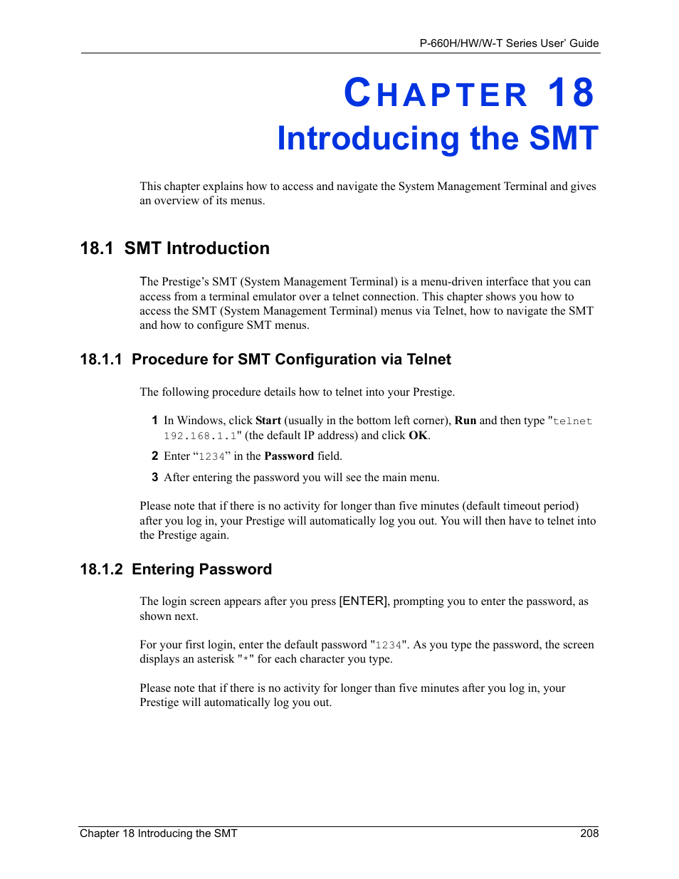 Introducing the smt, 1 smt introduction, 1 procedure for smt configuration via telnet | 2 entering password, Chapter 18 introducing the smt | ZyXEL Communications ADSL 2+ Gateway P-660HW-T1 User Manual | Page 208 / 465