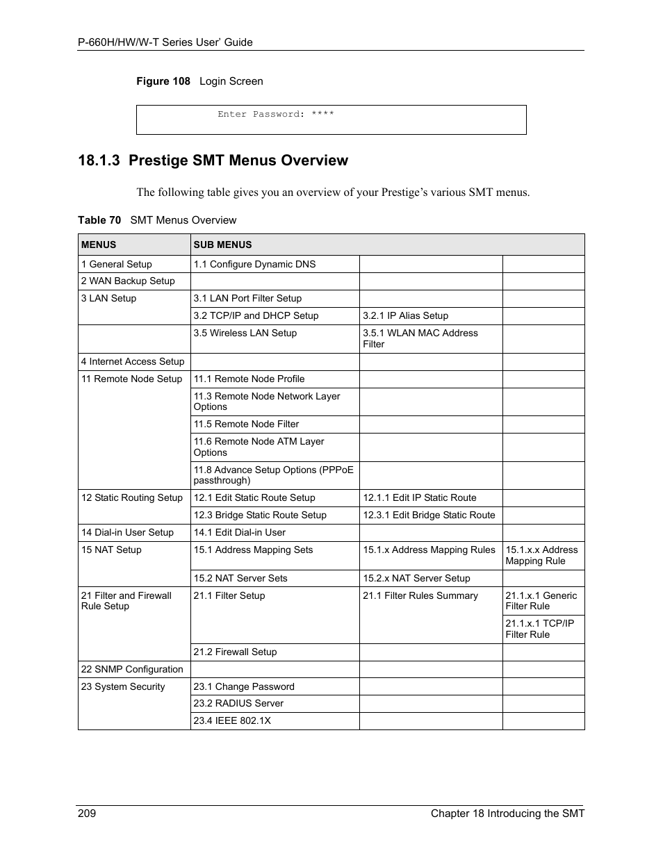 3 prestige smt menus overview, Figure 108 login screen, Table 70 smt menus overview | ZyXEL Communications ADSL 2+ Gateway P-660HW-T1 User Manual | Page 209 / 465