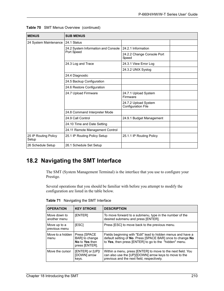 2 navigating the smt interface, Table 71 navigating the smt interface | ZyXEL Communications ADSL 2+ Gateway P-660HW-T1 User Manual | Page 210 / 465