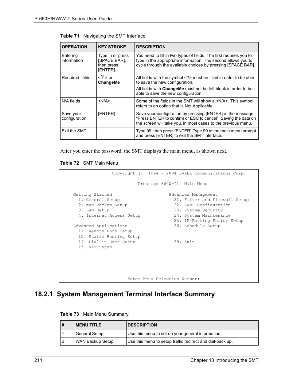 1 system management terminal interface summary, Table 72 smt main menu table 73 main menu summary | ZyXEL Communications ADSL 2+ Gateway P-660HW-T1 User Manual | Page 211 / 465