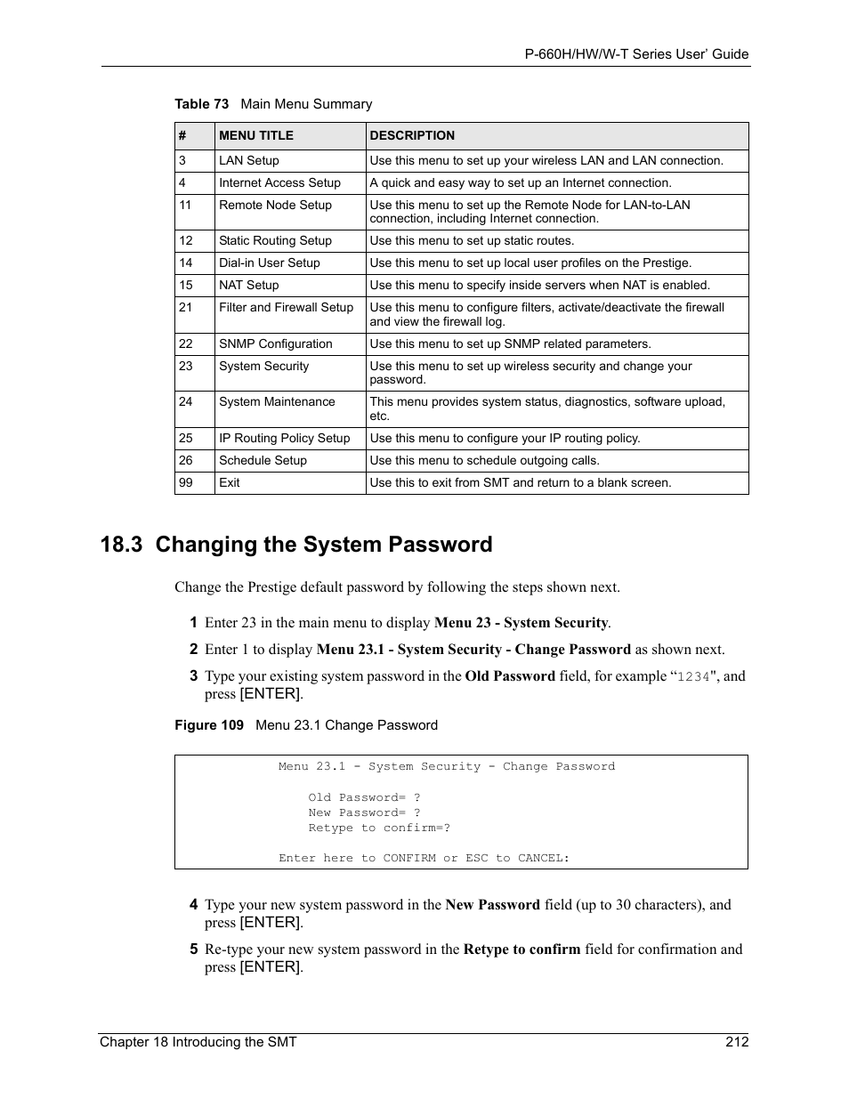 3 changing the system password, Figure 109 menu 23.1 change password | ZyXEL Communications ADSL 2+ Gateway P-660HW-T1 User Manual | Page 212 / 465