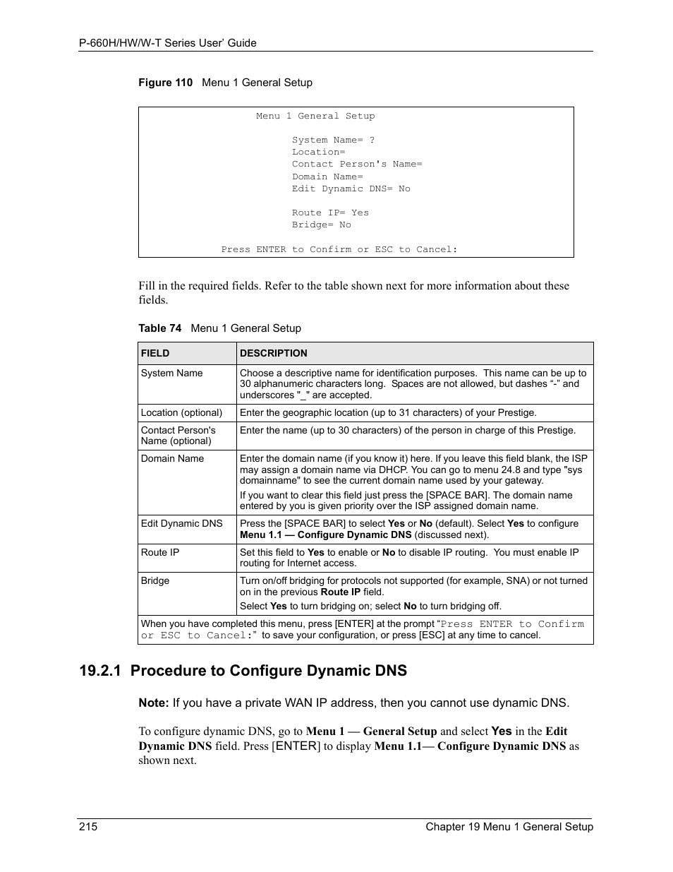 1 procedure to configure dynamic dns, Figure 110 menu 1 general setup, Table 74 menu 1 general setup | ZyXEL Communications ADSL 2+ Gateway P-660HW-T1 User Manual | Page 215 / 465